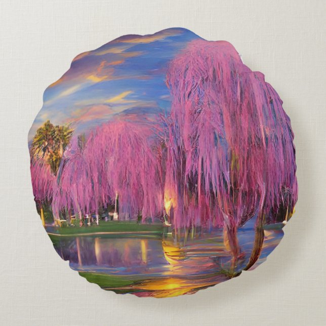 Pink Willow trees at sunset by the pond  Round Pillow (Back)