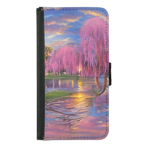 Pink Willow trees at sunset by the pond    Samsung Galaxy S5 Wallet Case