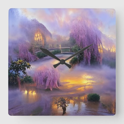  Pink Willow trees at sunset by the pond Square Wall Clock