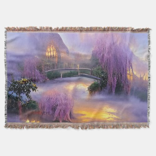  Pink Willow trees at sunset by the pond Throw Blanket
