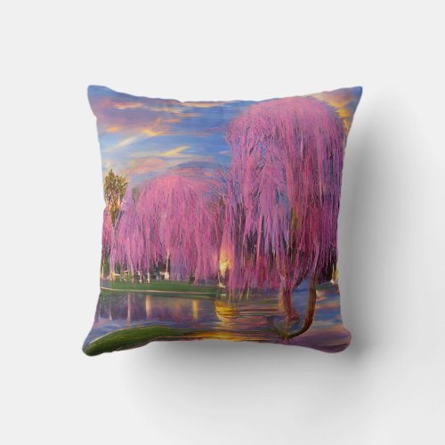 Pink Willow trees at sunset by the pond Throw Pillow