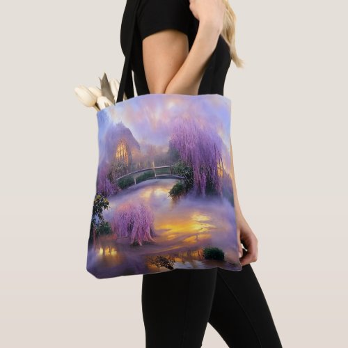  Pink Willow trees at sunset by the pond    Tote Bag