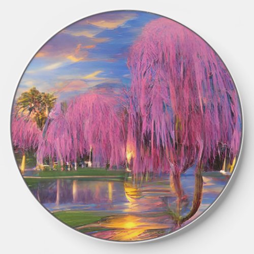 Pink Willow trees at sunset by the pond    Wireless Charger