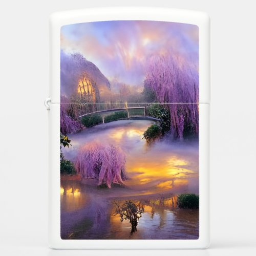  Pink Willow trees at sunset by the pond   Zippo Lighter