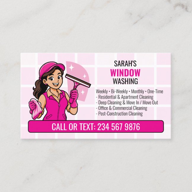 Pink Window Cleaning QR Cartoon Girl Business Card