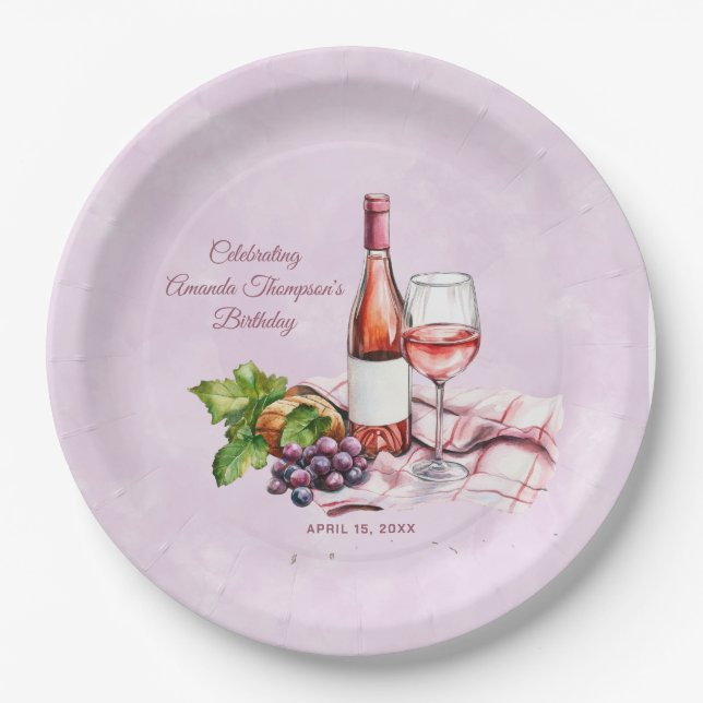 Pink Wine Birthday  Paper Plates (Front)