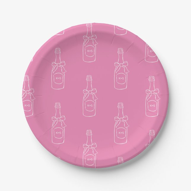 Pink Wine Champagne Bottle Pattern Bridal Shower Paper Plates (Front)
