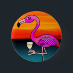 Pink Wine drinking Flamingo Button<br><div class="desc">Flamingo Illustration by widely published Cartoonist Simon Lake.</div>