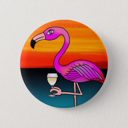 Pink Wine drinking Flamingo Button