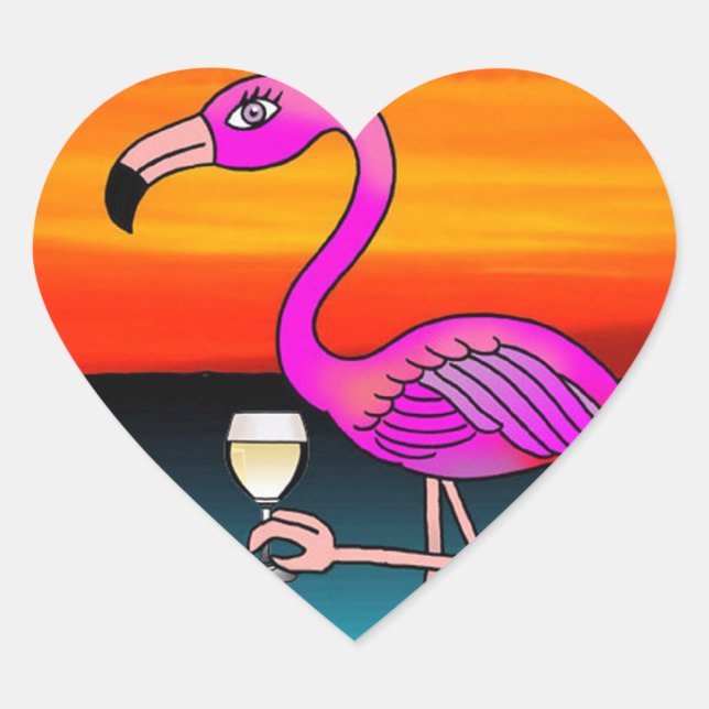 Pink Wine drinking Flamingo Heart Sticker (Front)