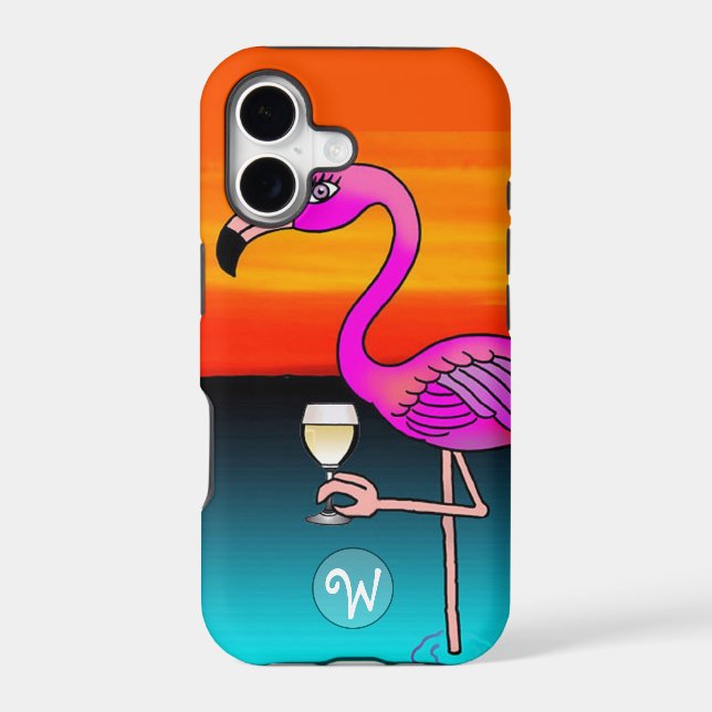 Pink Wine drinking Flamingo Monogrammed Iphone Case (Back)
