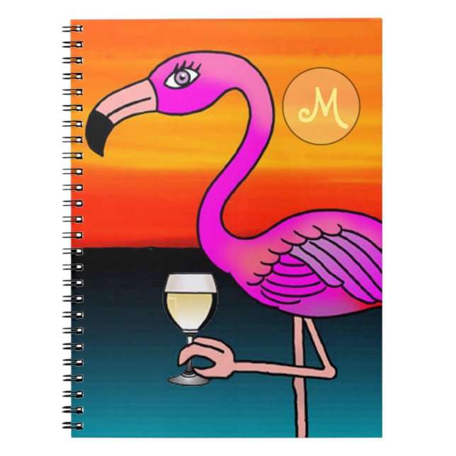 Pink Wine drinking Flamingo Monogrammed Notebook (Front)