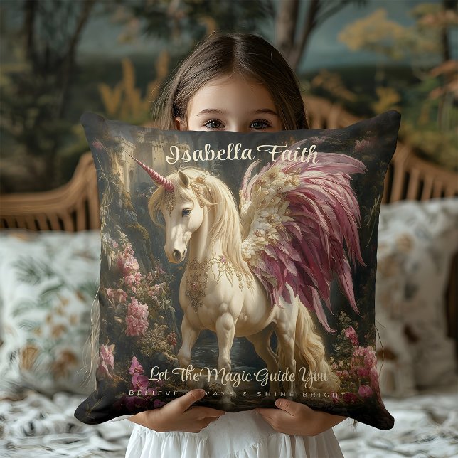 Pink Winged Unicorn Woodland Throw Pillow (Creator Uploaded)