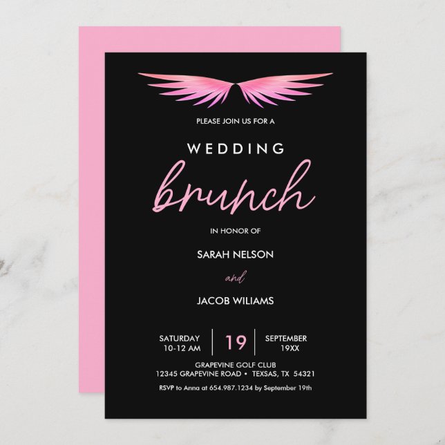 Pink Wings, Black Post Wedding Brunch Invitation (Front/Back)