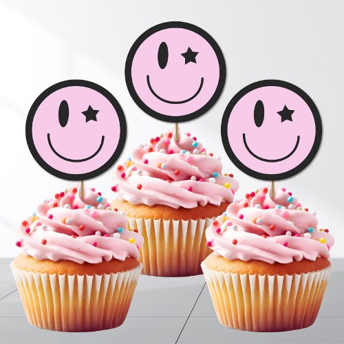 Pink Winking Happy Face Sticker  Cupcake Toppers