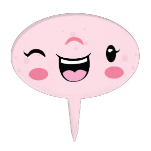 Pink Winking Kawaii Face Cake Topper