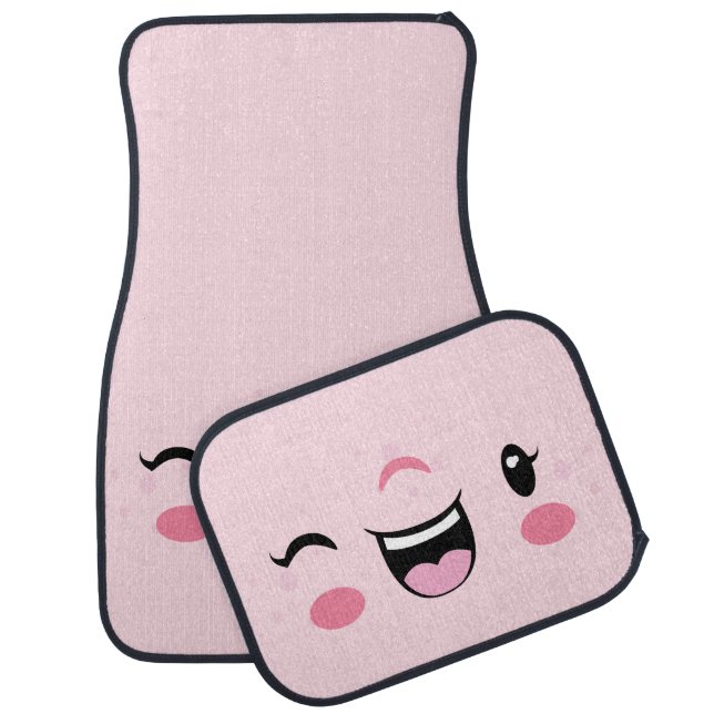 Pink Winking Kawaii Face Car Mats (Set)