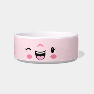 Pink Winking Kawaii Face Dog Bowl