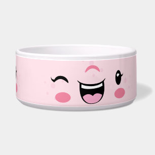 Pink Winking Kawaii Face Dog Bowl