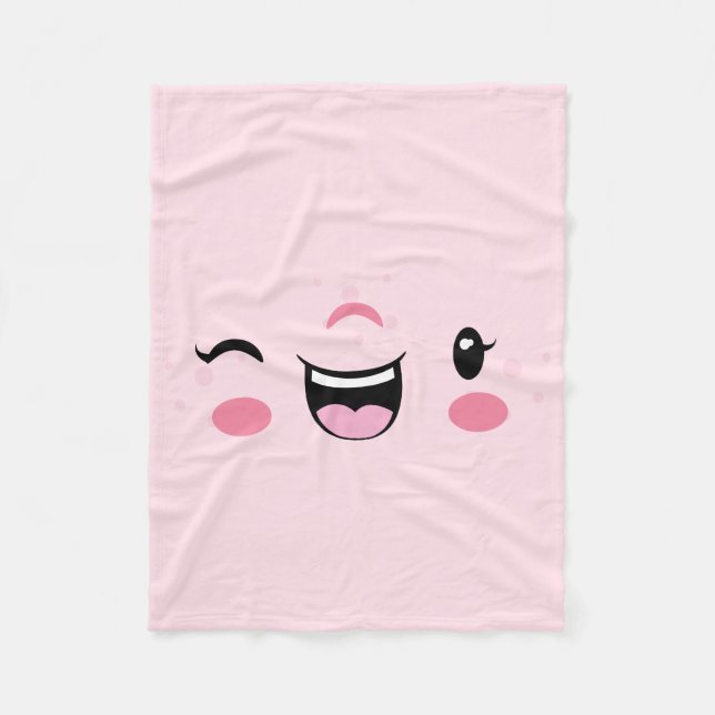Pink Winking Kawaii Face Fleece Blanket (Front)