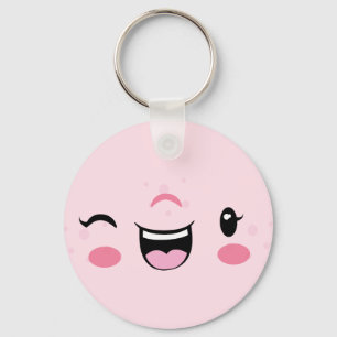 Pink Winking Kawaii Face Keychain