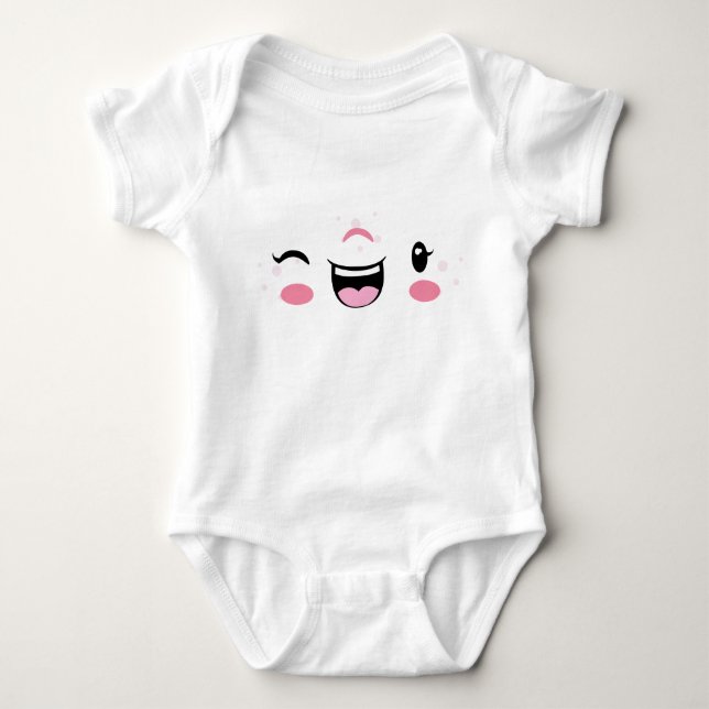 Pink Winking Kawaii Face Kids Clothing Baby Bodysuit (Front)