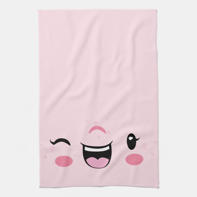 Pink Winking Kawaii Face Kitchen Towel (Vertical)