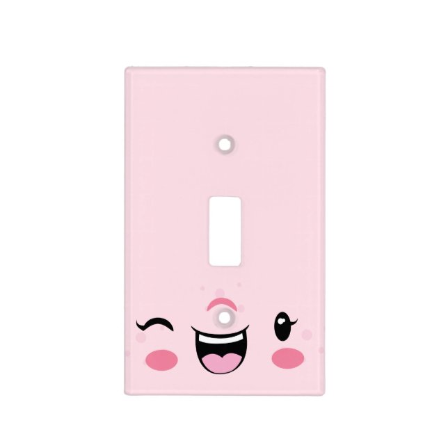 Pink Winking Kawaii Face Light Switch Cover (Front)