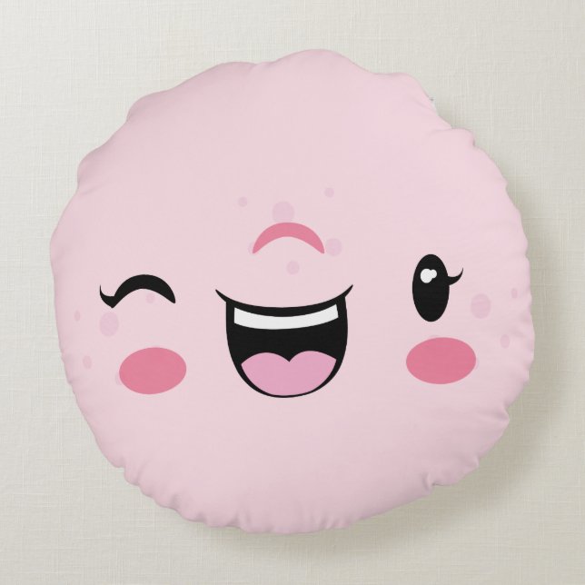Pink Winking Kawaii Face Round Pillow (Back)