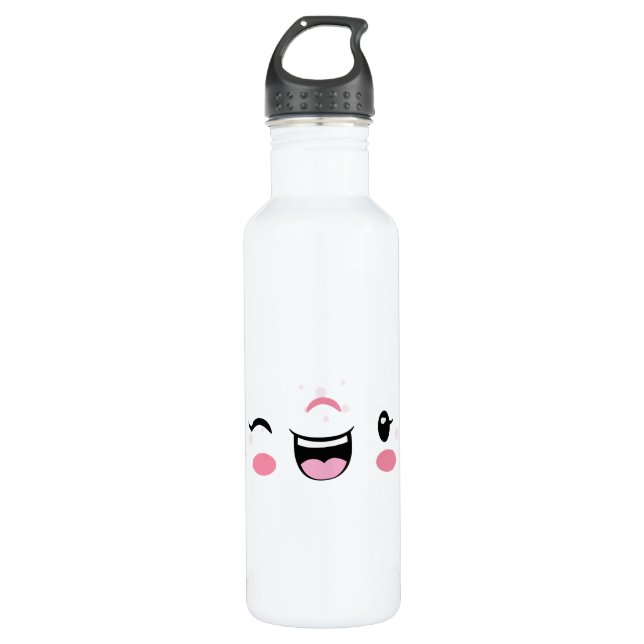 Pink Winking Kawaii Face Stainless Steel Water Bottle (Front)