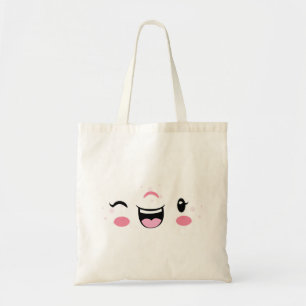 Pink Winking Kawaii Face Tote Bag