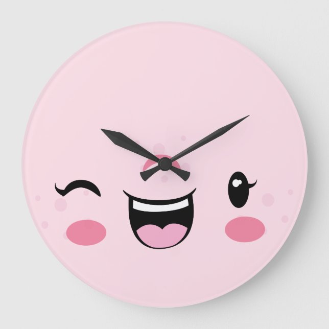 Pink Winking Kawaii Face Wall Clock (Front)