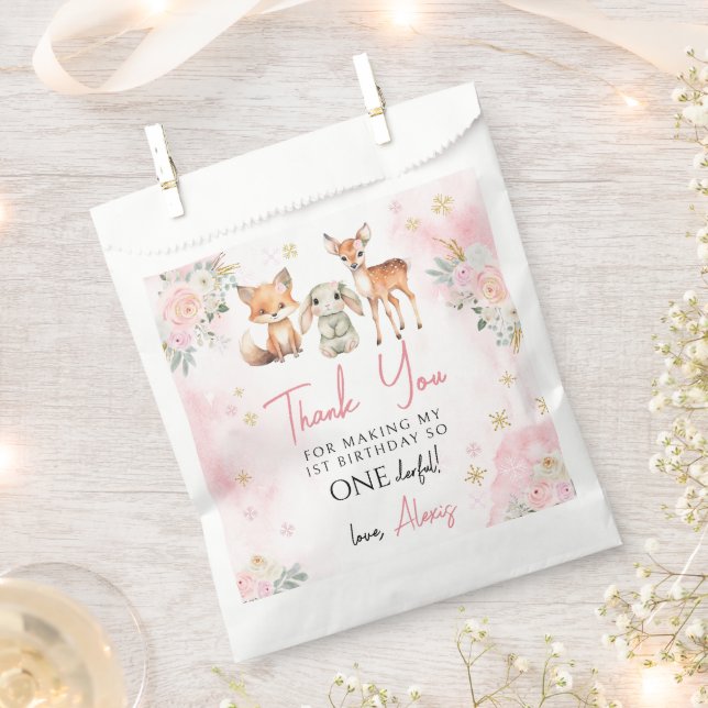 Pink winter 1st girl birthday thank you favor bags (Clipped)
