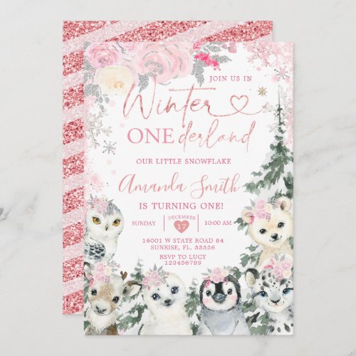 Pink Winter Animal Onederland Snowflake Birthday Invitation