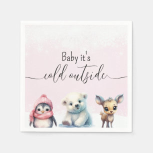 Pink Winter Animals Cold Outside Baby Shower Napkins