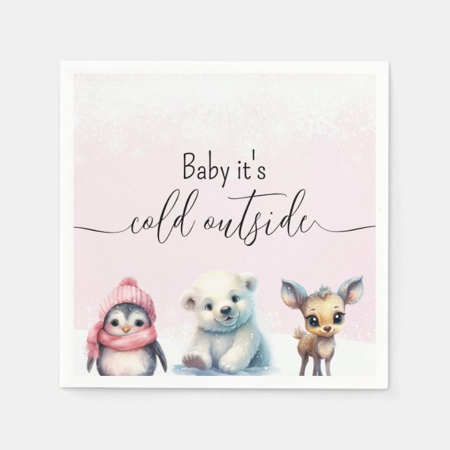 Pink Winter Animals Cold Outside Baby Shower Napkins (Front)