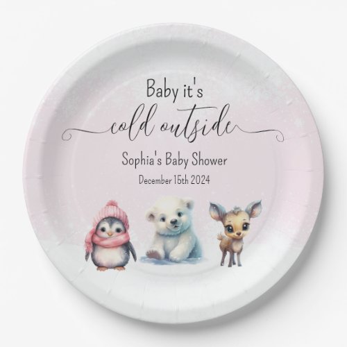 Pink Winter Animals Cold Outside Baby Shower Paper Plates