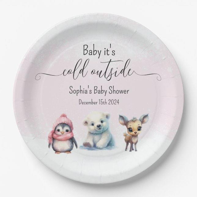 Pink Winter Animals Cold Outside Baby Shower Paper Plates (Front)