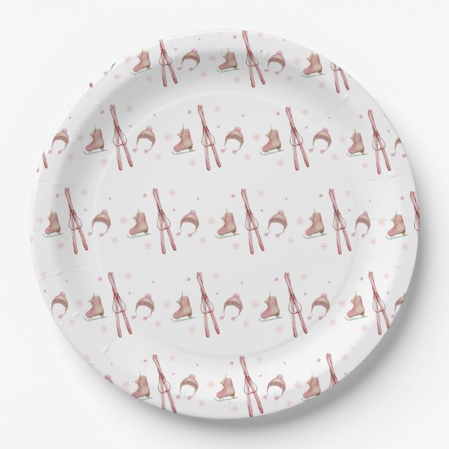 Pink Winter Après Bébé Ski Pattern Baby Shower  Paper Plates (Front)