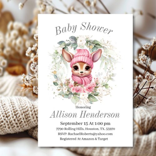 Pink Winter Baby Girl Reindeer Baby Shower Invitation