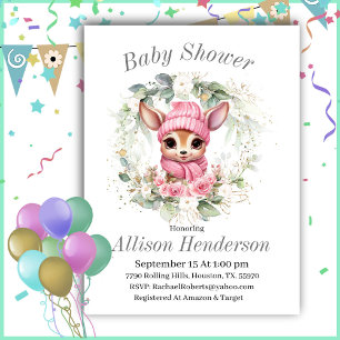 Pink Winter Baby Girl Reindeer Baby Shower Invitation