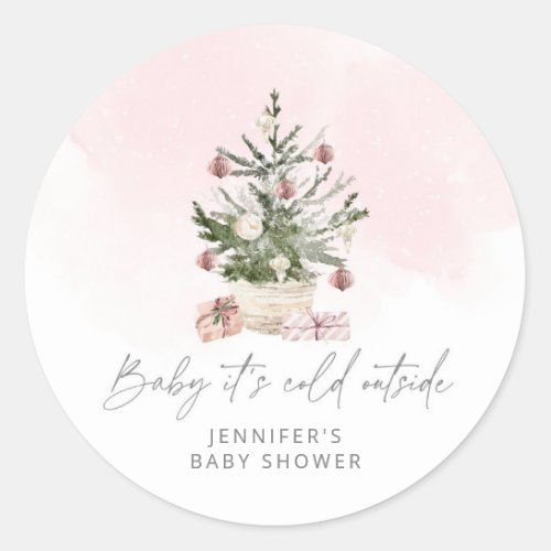 Pink winter Baby its cold outside baby shower Classic Round Sticker