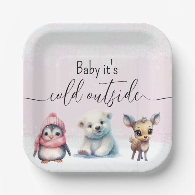 Pink Winter Baby It's Cold Outside Baby Shower Paper Plates (Front)