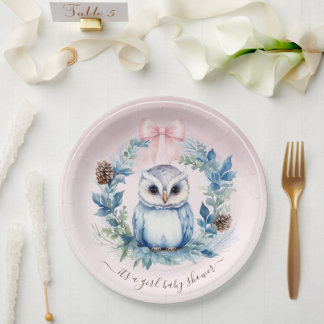 Pink Winter Baby Owl Watercolor Girl Baby Shower Paper Plates