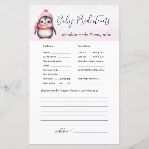 Pink Winter Baby Predictions Baby Shower Game