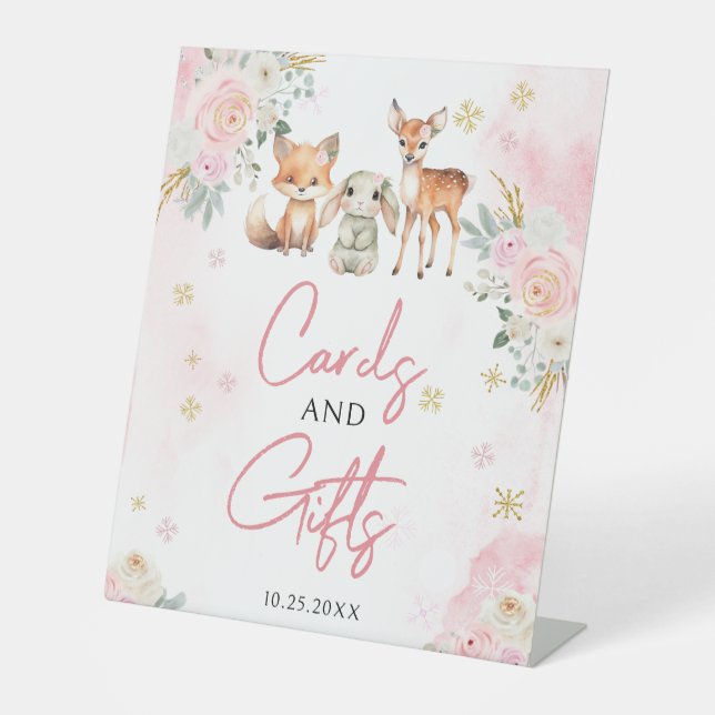 Pink winter baby shower cards gifts Pedestal Sign (Front)