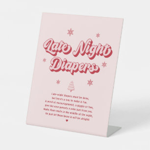 Pink Winter Baby Shower Late Night Diapers Game Pedestal Sign