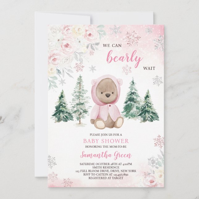 Pink Winter Bear Baby Shower Invitation (Front)