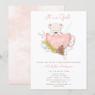 Pink Winter Bear Girl Baby Shower Invitation