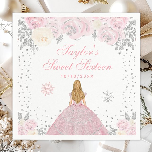 Pink Winter Blonde Hair Princess Sweet Sixteen Napkins (Creator Uploaded)